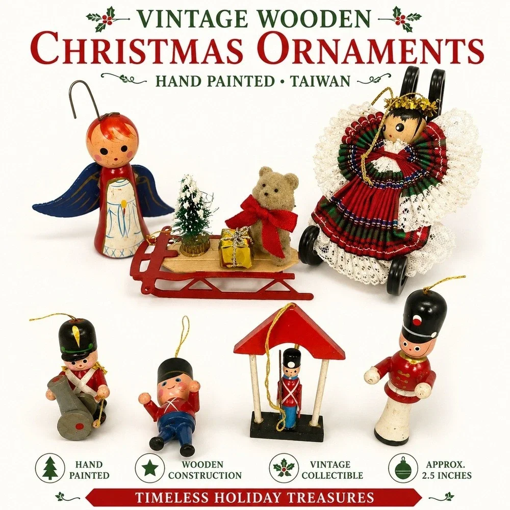 Vintage Wooden Christmas Ornaments Lot 7 Hand Painted Taiwan Toy Soldier Angel